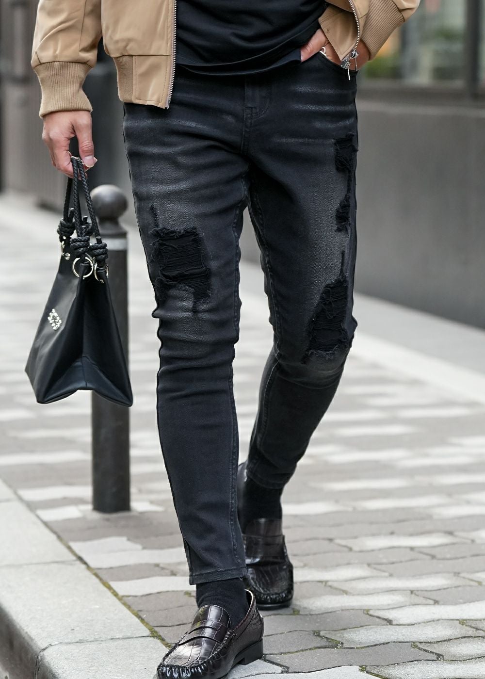 バーティカルダメージブラックデニムロングパンツ | adamsJUGGLER