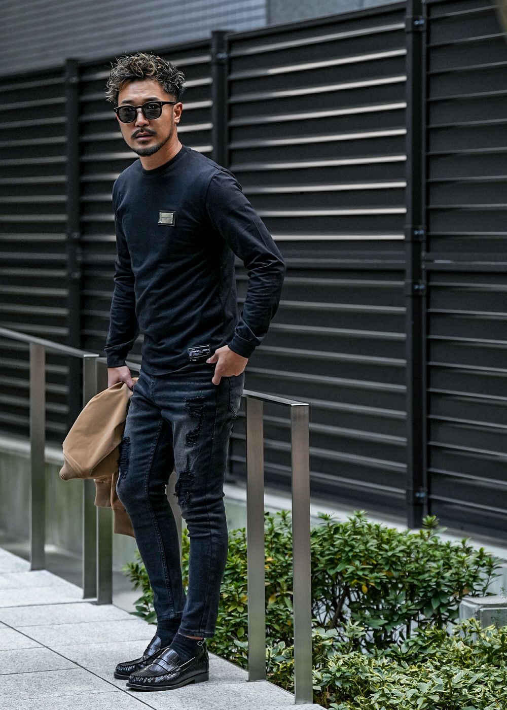 バーティカルダメージブラックデニムロングパンツ | adamsJUGGLER