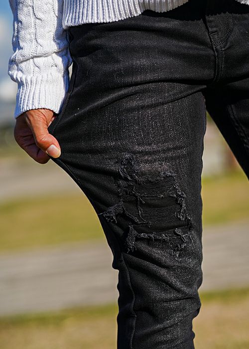 バーティカルダメージブラックデニムロングパンツ | adamsJUGGLER