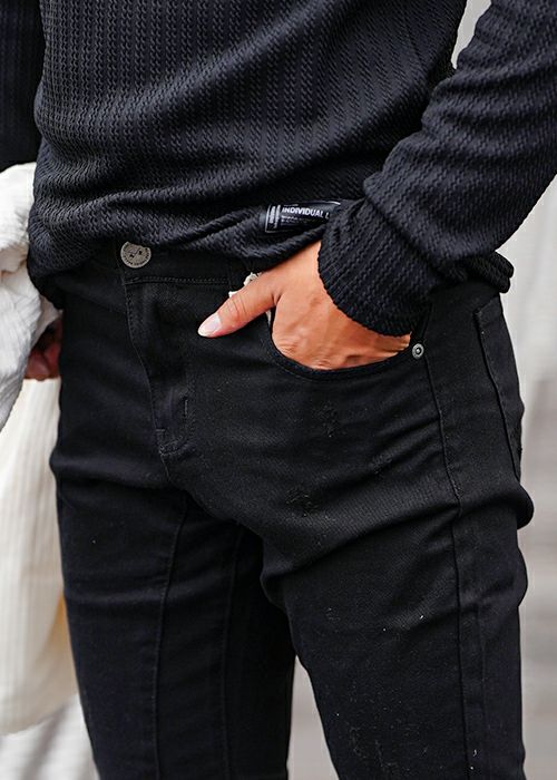 リファインドダメージブラックデニムロングパンツ | adamsJUGGLER