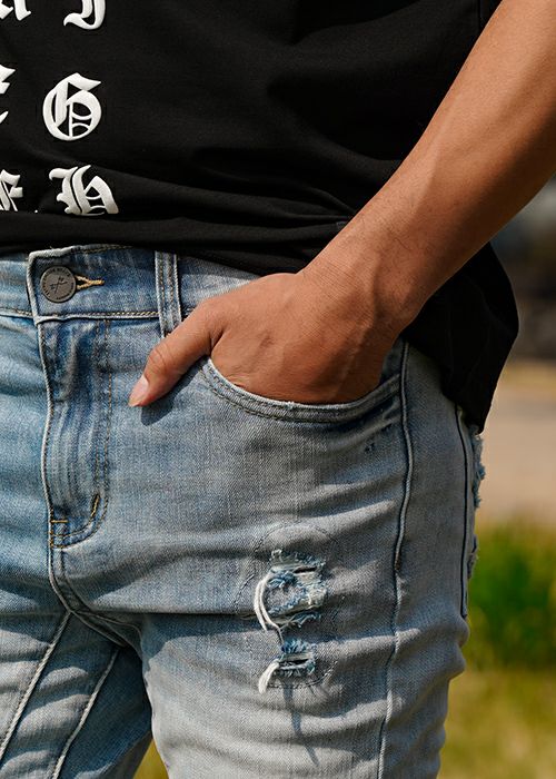L/インディゴダメージデニムロングパンツ | adamsJUGGLER（アダムス 