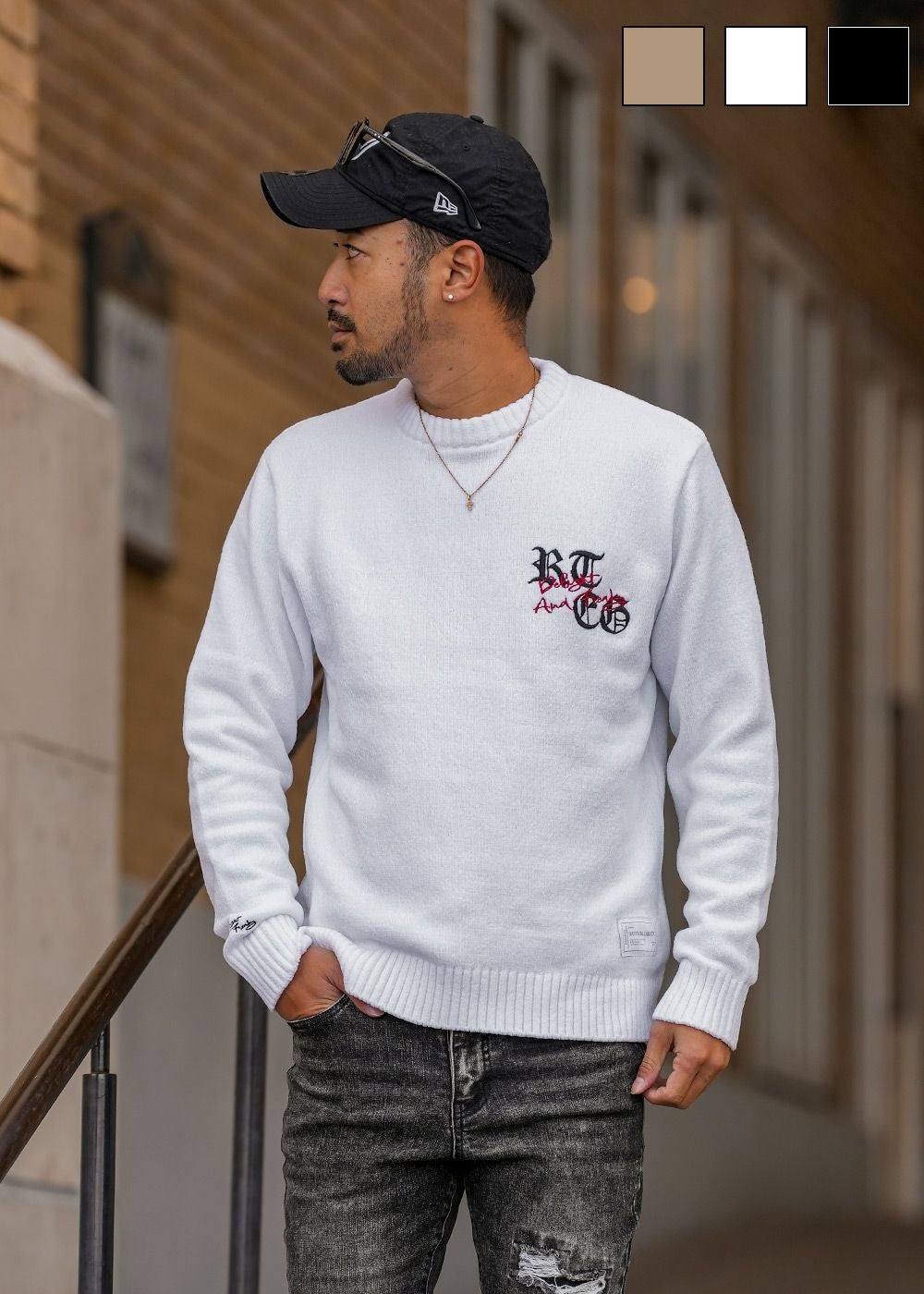 リバー【新品未使用】ARGUE 今期　Tシャツニット ホワイト RTEGアクセントデュオモールニット クルーネック／ニット／メンズ